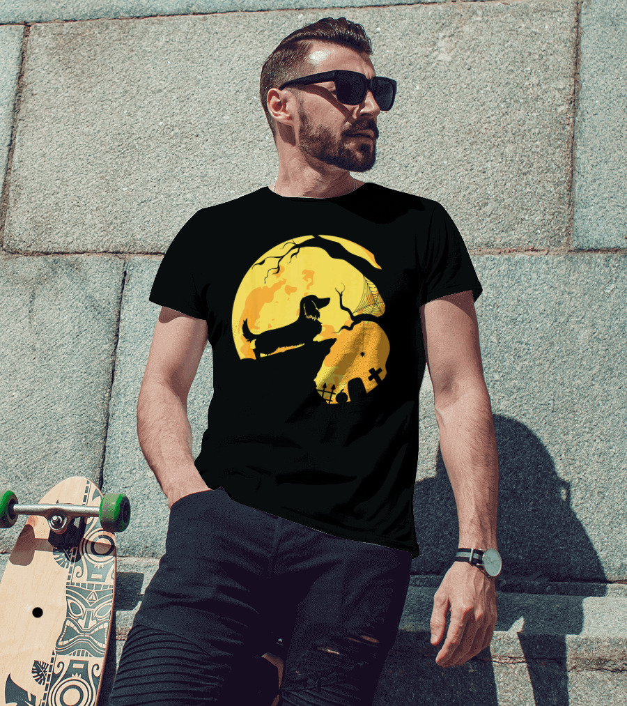 Dachshund Silhouette On Cliff With Full Moon And Halloween Graveyard Scene T-Shirt