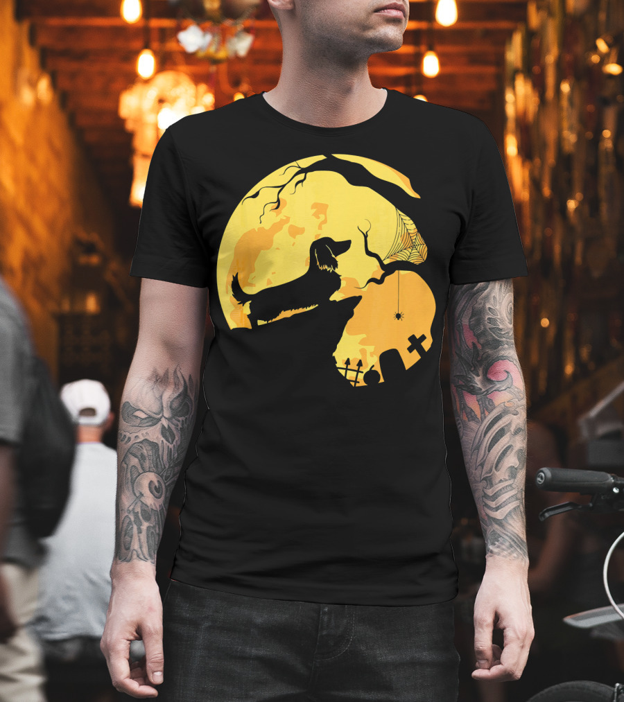 Dachshund Silhouette on Cliff with Full Moon and Halloween Graveyard Scene T-Shirt
