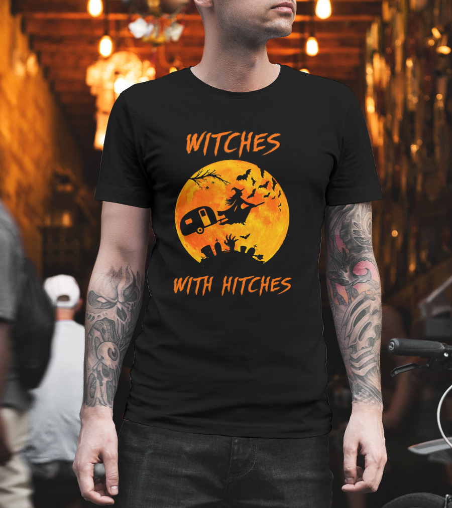 Witches With Hitches Halloween Moon Bats Graveyard Scene T-Shirt