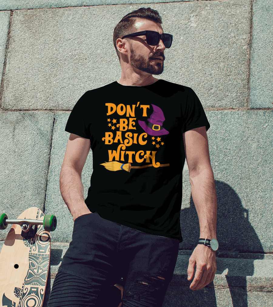 Don't Be Basic Witch Purple Hat Broom Stars T-Shirt
