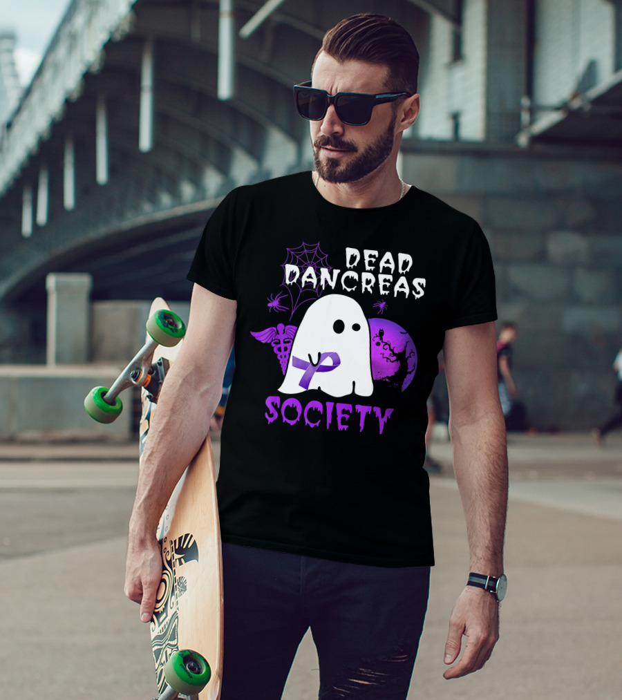 Dead Pancreas Society Ghost With Purple Ribbon Halloween T-Shirt