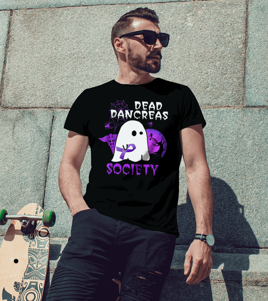 Dead Pancreas Society Ghost With Purple Ribbon Halloween T-Shirt