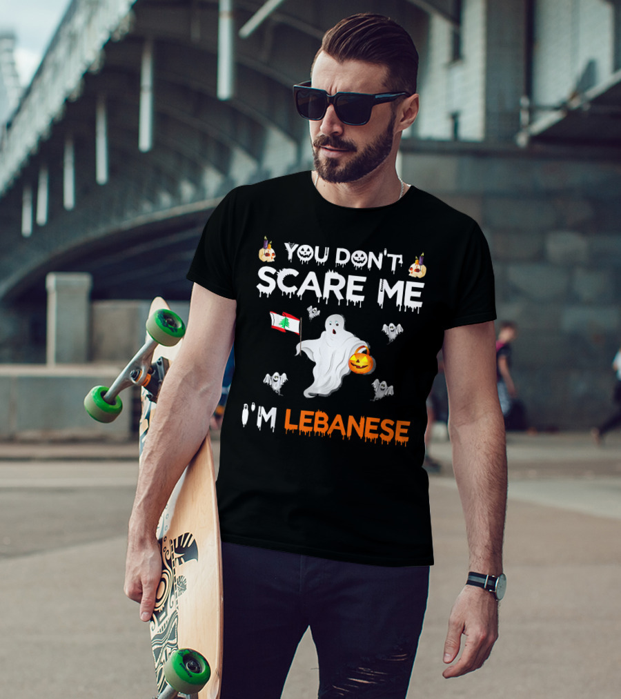 You Don't Scare Me I'm Lebanese Ghost With Lebanese Flag And Pumpkin Halloween T-Shirt