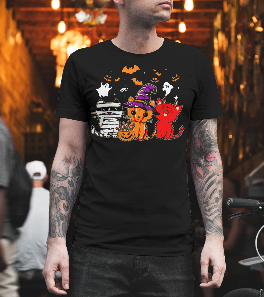 Funny Cat Trio In Halloween Costumes With Ghosts And Pumpkins T-Shirt