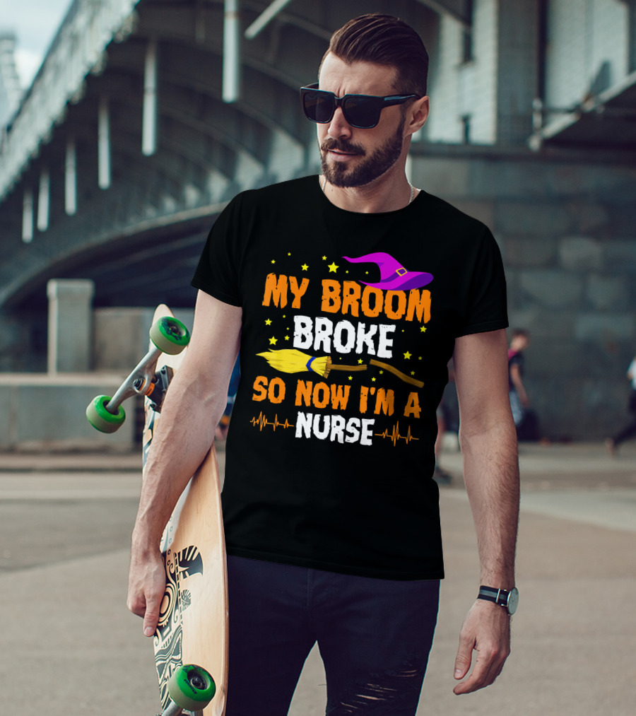 My Broom Broke Halloween Nurse Hat And Stars T-Shirt