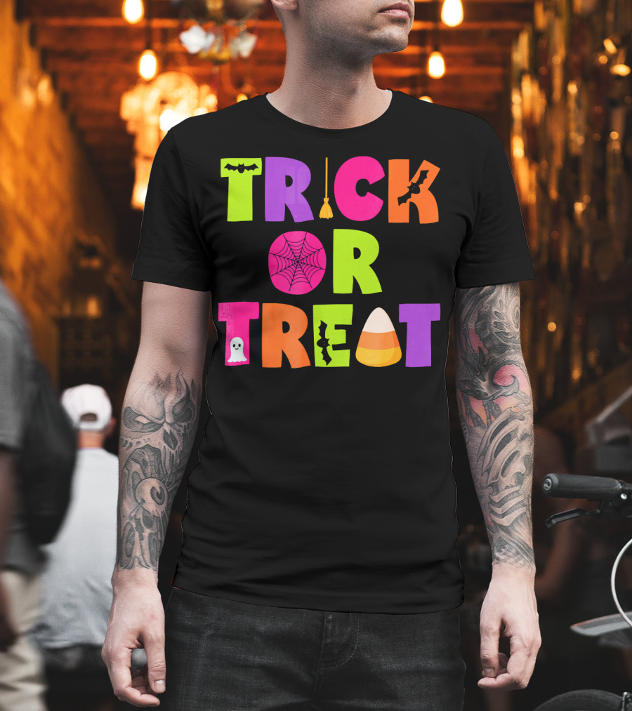 Trick Or Treat Bat Broom Spiderweb Ghost Candy Corn Halloween T-Shirt