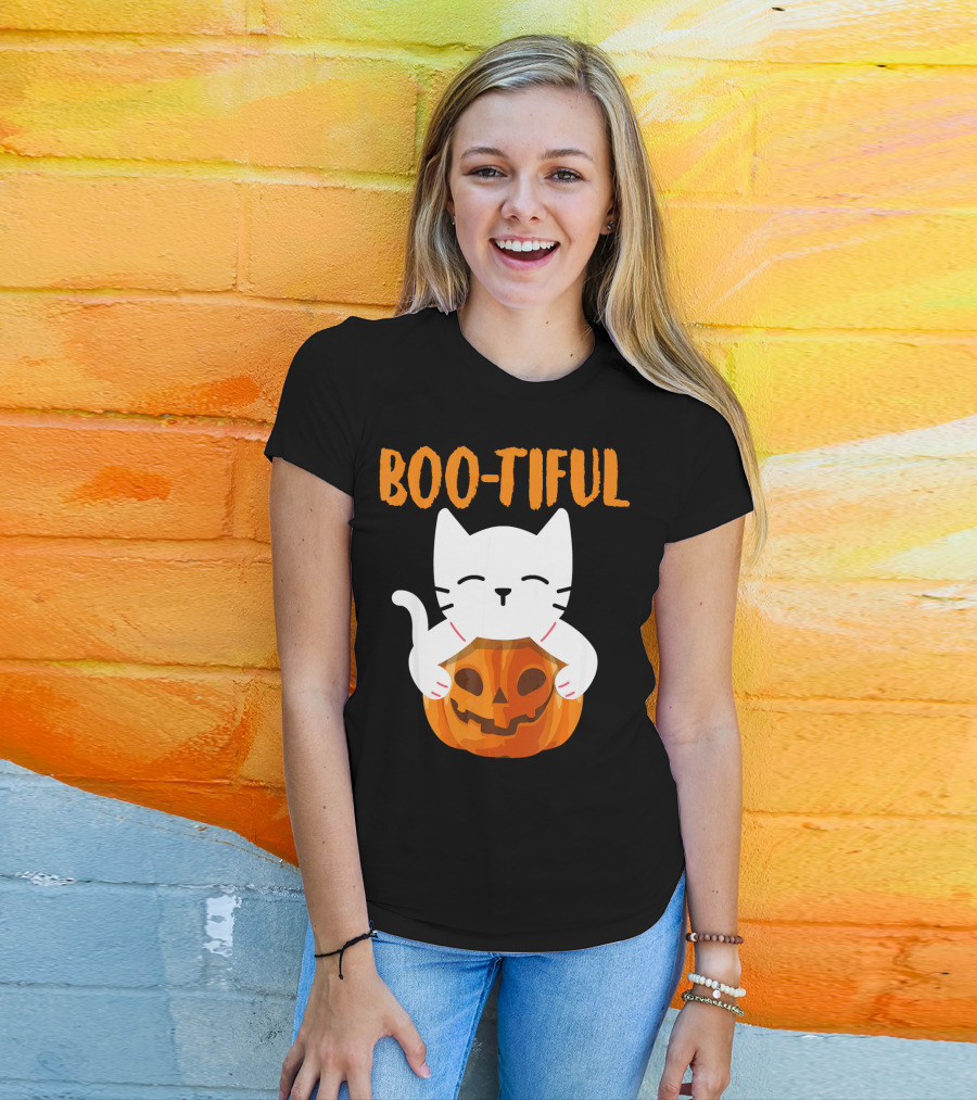 Boo-tiful Cat With Pumpkin Halloween Toddler Girls Boys T-Shirt