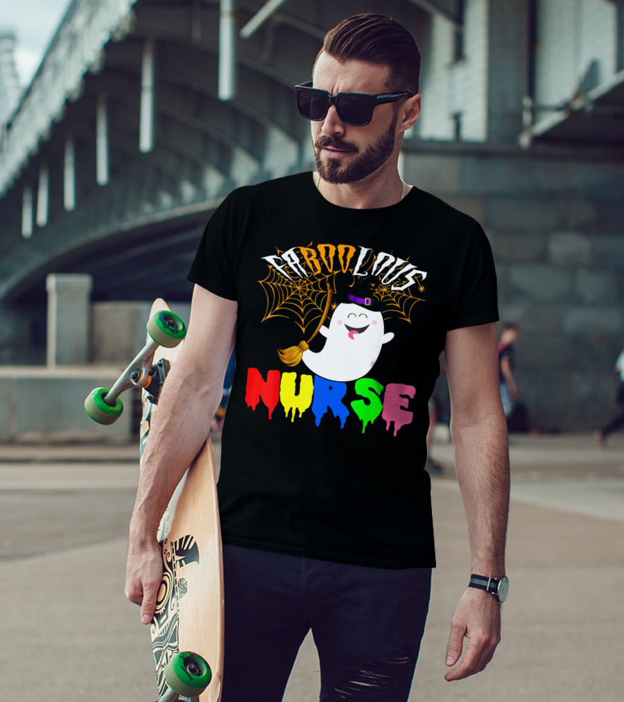 Faboolous Nurse Ghost With Witch Hat And Broom Halloween T-Shirt