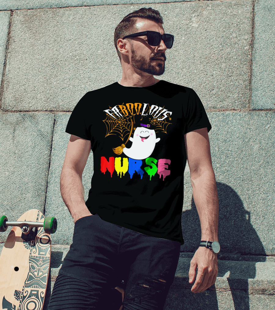 Faboolous Nurse Ghost With Witch Hat And Broom Halloween T-Shirt