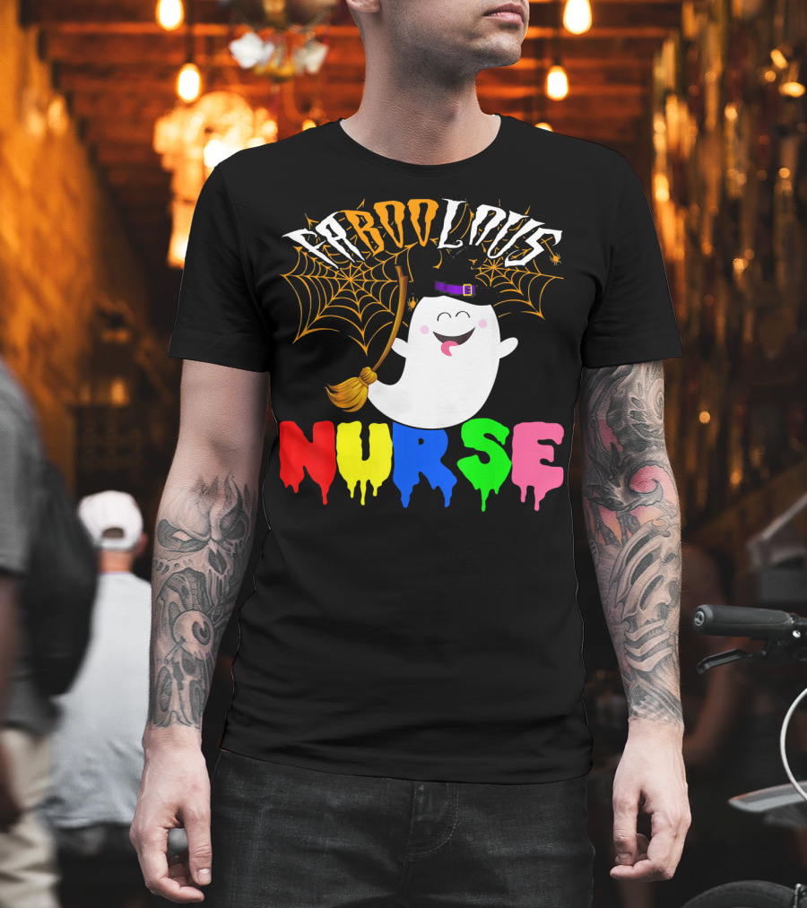 Faboolous Nurse Ghost with Witch Hat and Broom Halloween T-Shirt