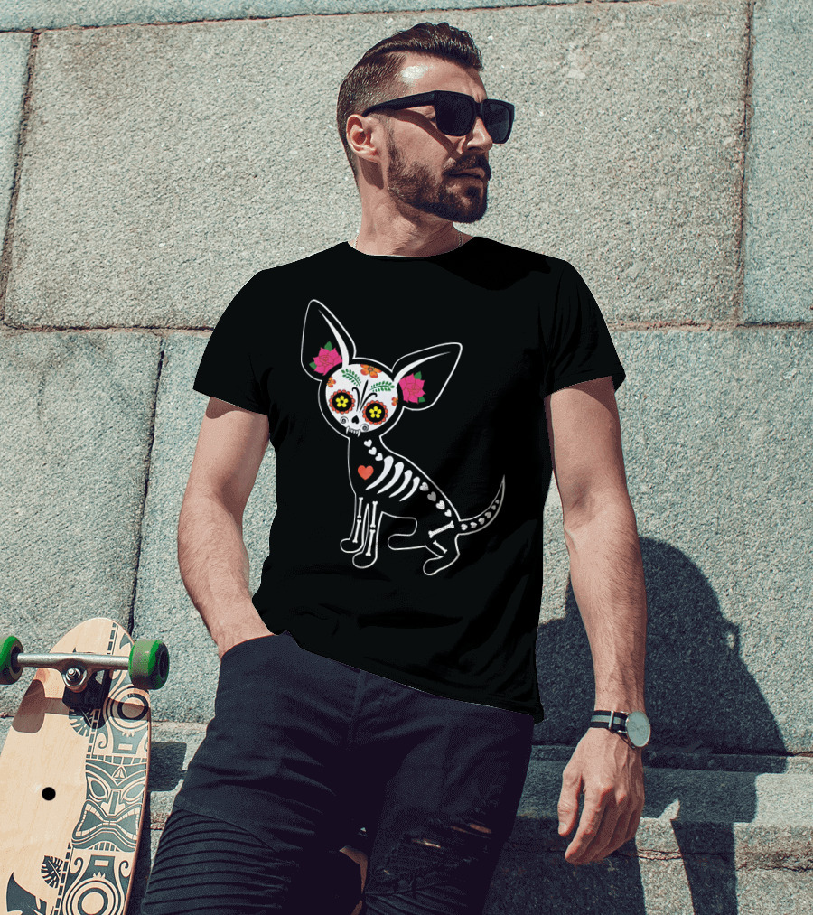 Day Of The Dead Chihuahua Skeleton Skull Flowers T-Shirt