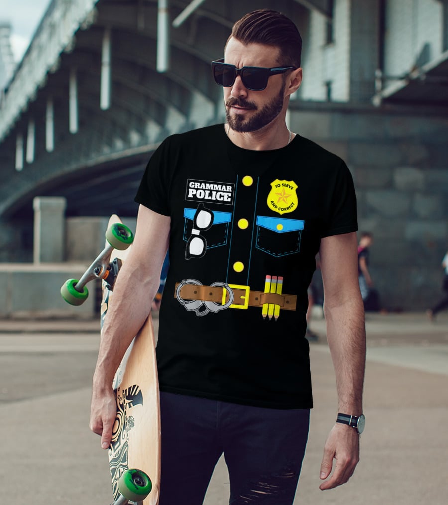Grammar Police To Serve And Correct Badge And Belt With Handcuffs And Pencils T-Shirt