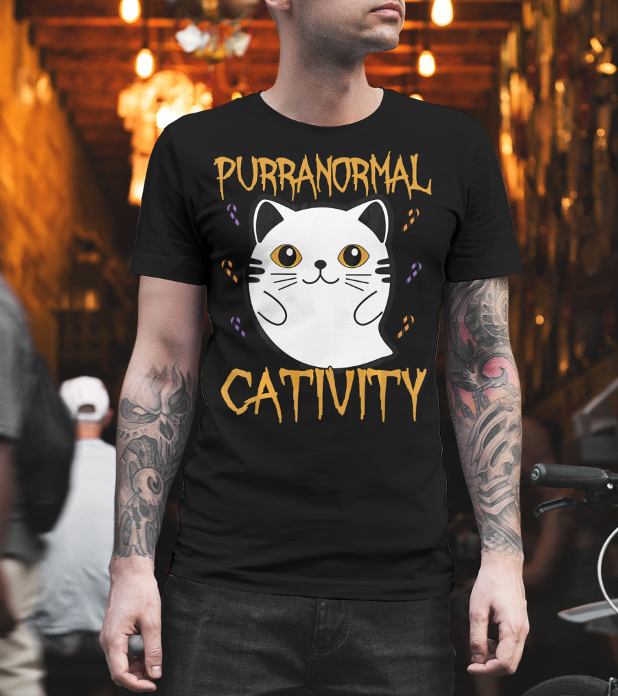Purranormal Cativity Ghostly Cat Boo With Candy Corn T-Shirt