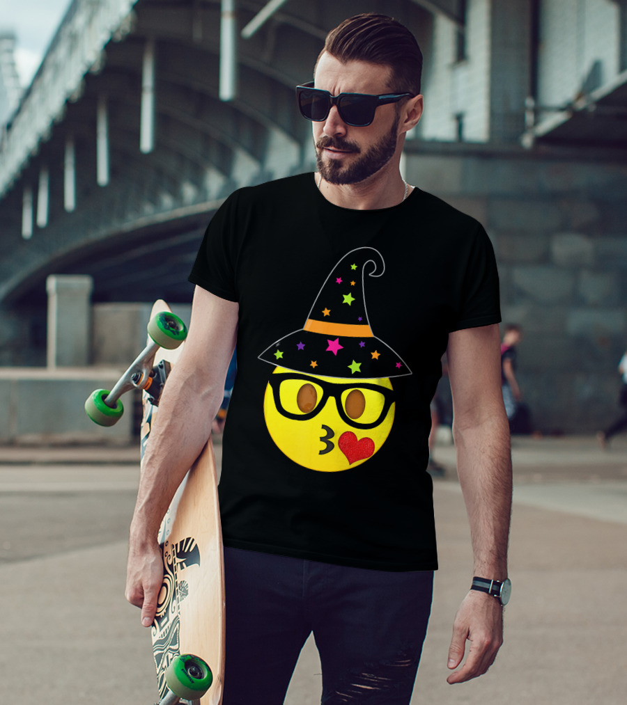 Funny Halloween Witch Hat Emoji Nerd Glasses Kissy Face T-Shirt