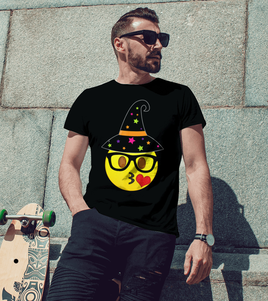 Funny Halloween Witch Hat Emoji Nerd Glasses Kissy Face T-Shirt