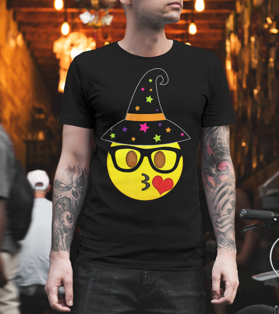Funny Halloween Witch Hat Emoji Nerd Glasses Kissy Face T-Shirt