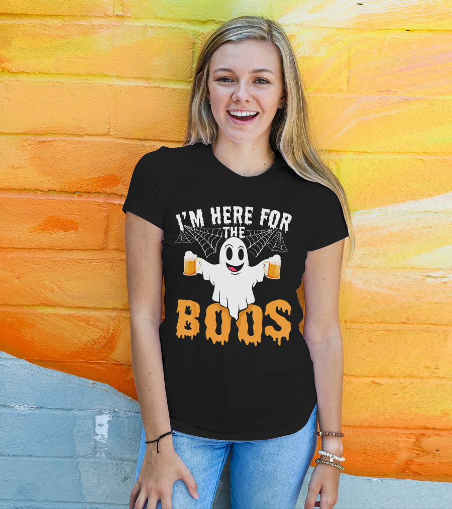 I'm Here For The Boos Halloween Drinking Ghost With Beers T-Shirt