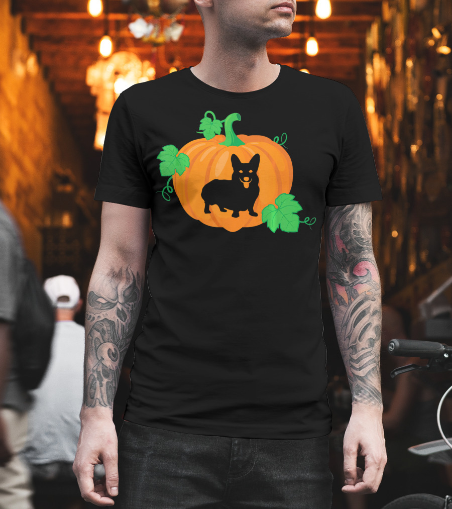 Corgi Dog Pumpkin Halloween Silhouette With Leaves T-Shirt