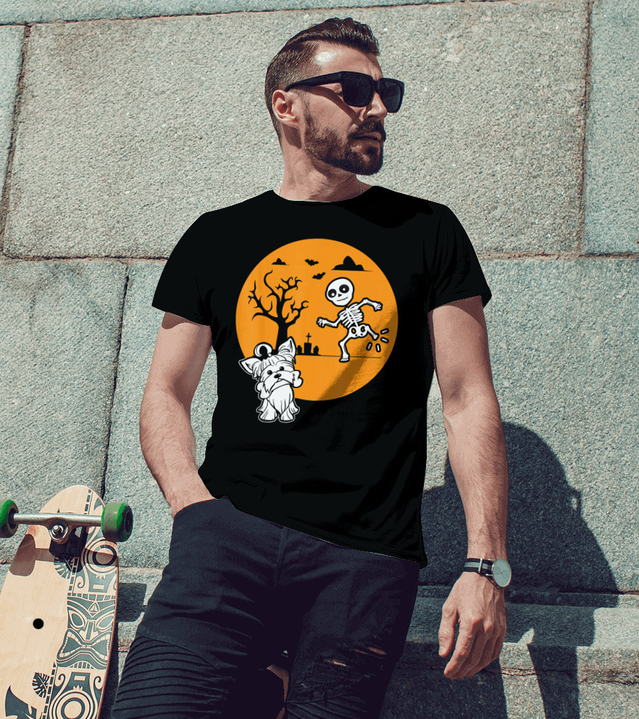 Yorkshire Terrier Halloween Costume Skeleton Dance Moon Bat Graveyard T-Shirt