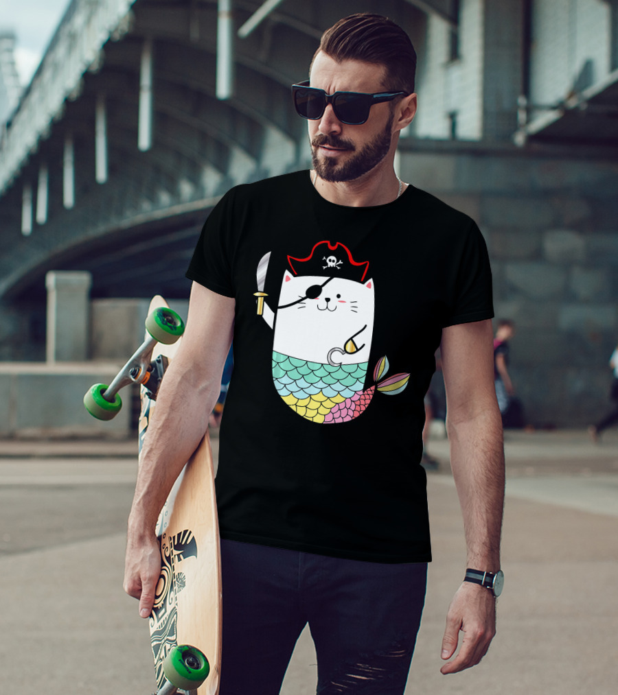 Halloween Mermaid Pirate Cat With Eye Patch And Sword T-Shirt
