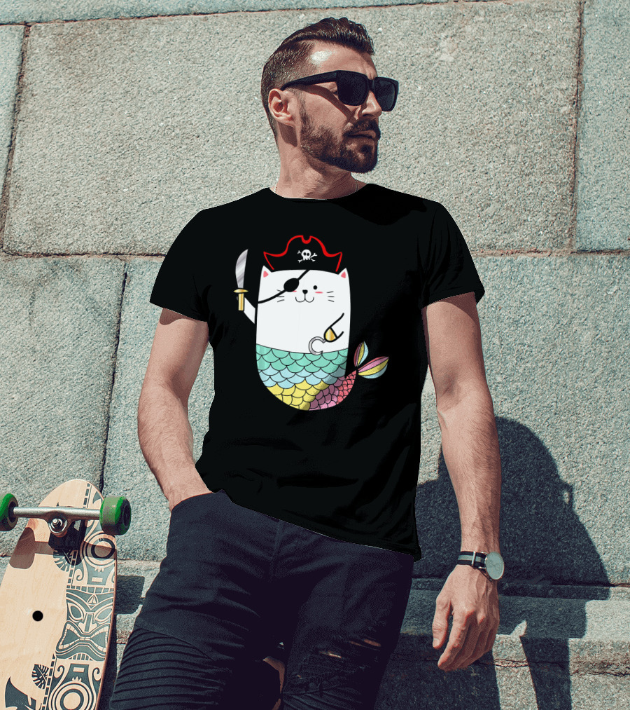 Halloween Mermaid Pirate Cat With Eye Patch And Sword T-Shirt