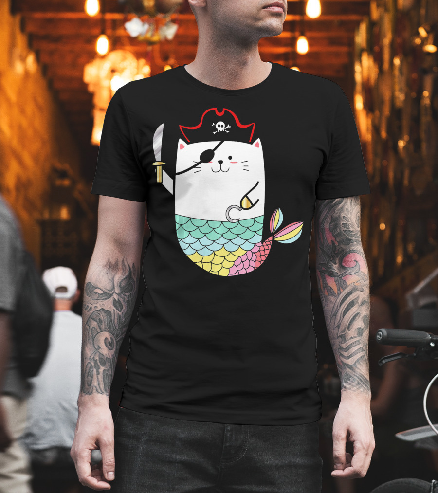 Halloween Mermaid Pirate Cat with Eye Patch and Sword T-Shirt