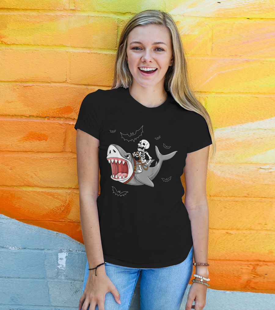 Skeleton Riding Shark Funny Halloween Bat T-Shirt