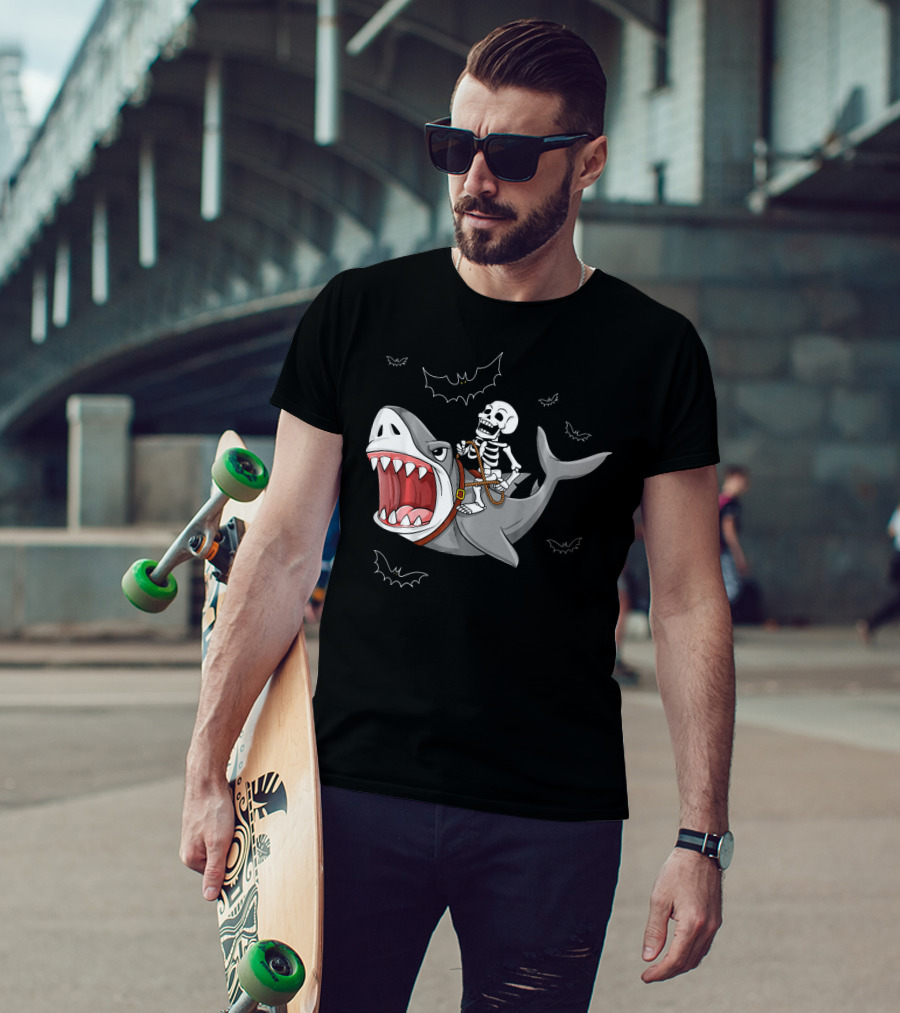 Skeleton Riding Shark Funny Halloween Bat T-Shirt