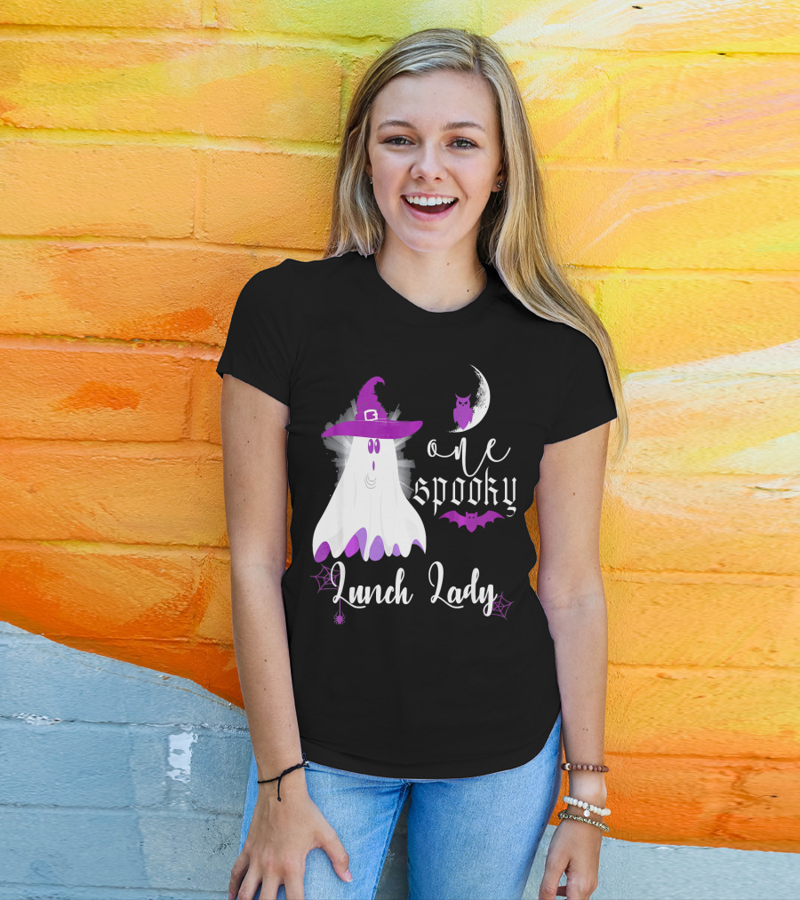 One Spooky Lunch Lady Halloween Ghost With Purple Bat And Moon T-Shirt