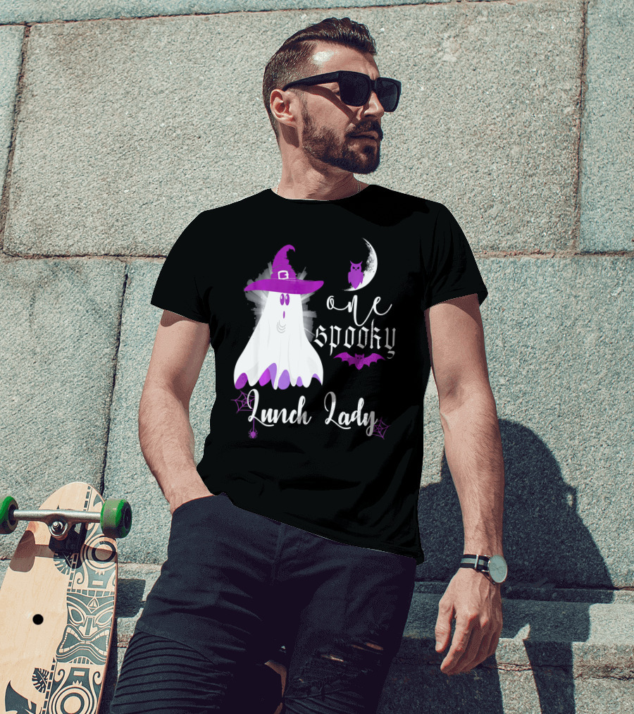 One Spooky Lunch Lady Halloween Ghost With Purple Bat And Moon T-Shirt