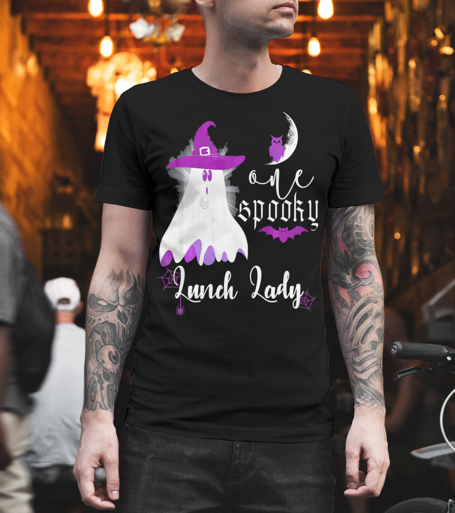 One Spooky Lunch Lady Halloween Ghost with Purple Bat and Moon T-Shirt