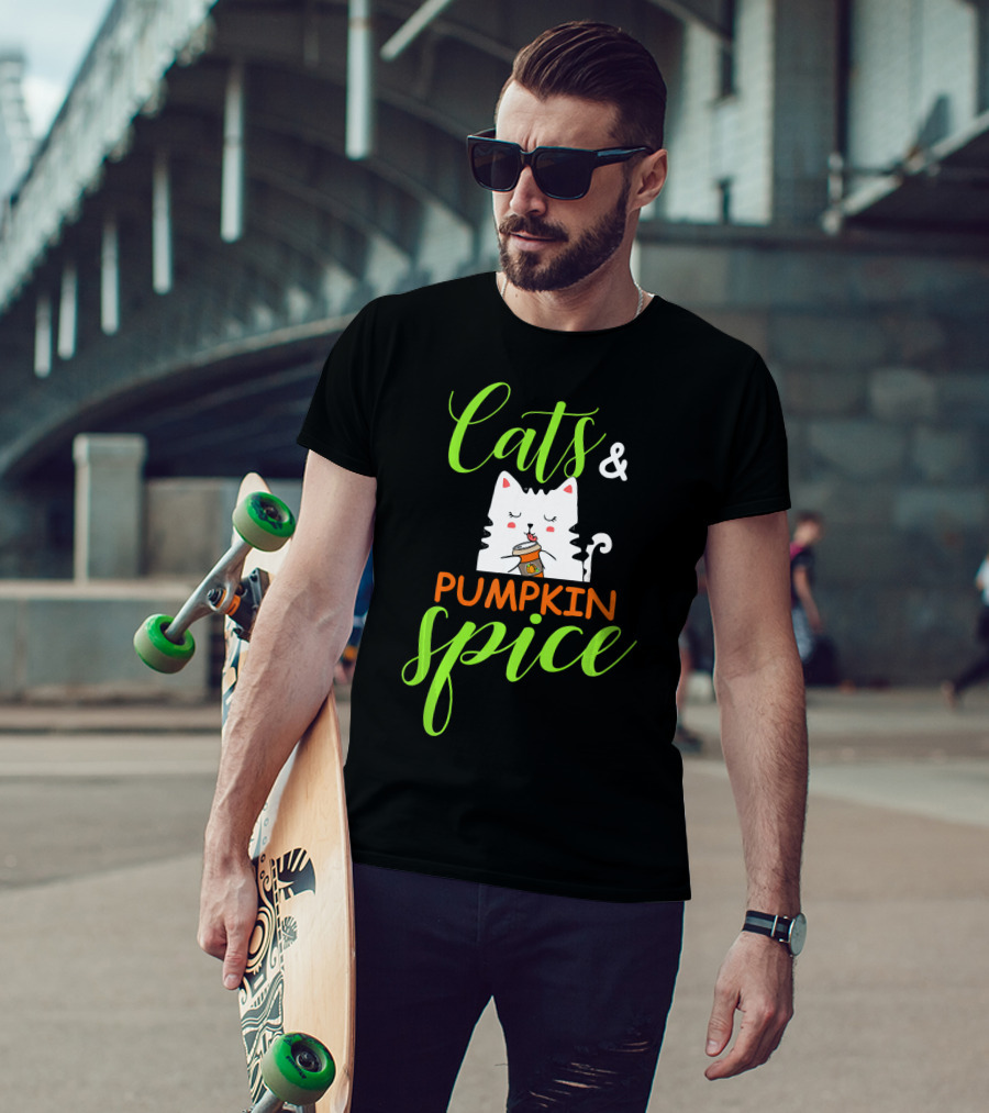Cats And Pumpkin Spice Fall Autumn Cozy Cat With Coffee Cup T-Shirt
