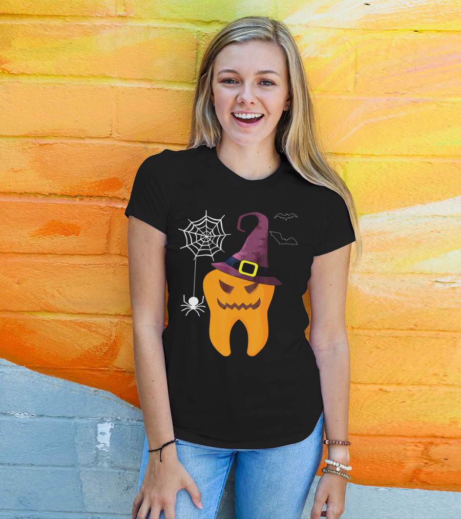 Halloween Dental Witch Dentist Tooth With Spider And Hat T-Shirt