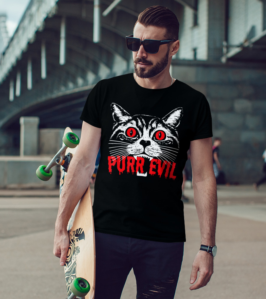 Purr Evil Satanic Cat Red Eyes Halloween T-Shirt
