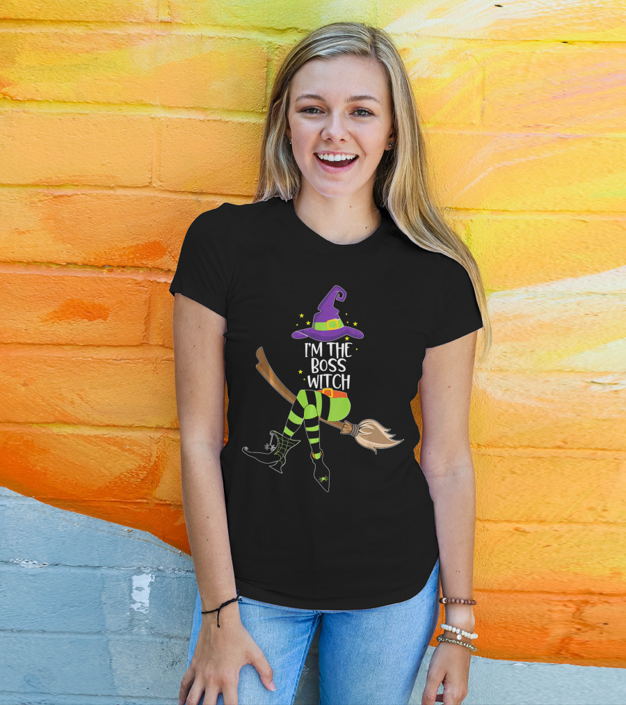 I'm The Boss Witch Halloween Witch Hat Broomstick Stripes T-Shirt