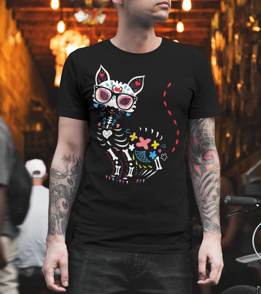 Colorful Day Of The Dead Black Cat Halloween T-Shirt