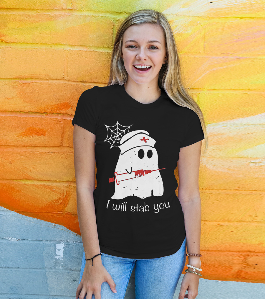 I Will Stab You Ghost Nurse Fun Halloween Syringe Spider Web T-Shirt