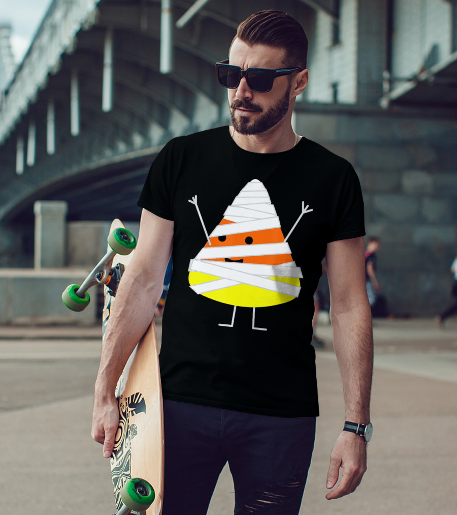 Mummy Wrapped Cartoon Candy Corn Halloween T-Shirt