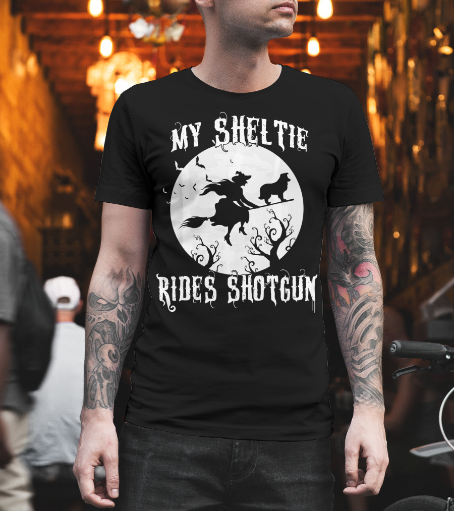 My Sheltie Rides Shotgun Halloween Witch Moon Scene T-Shirt