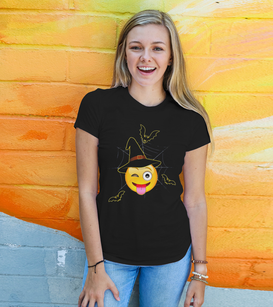 Funny Halloween Witch Emoji Winking Face With Bats And Spider Web T-Shirt