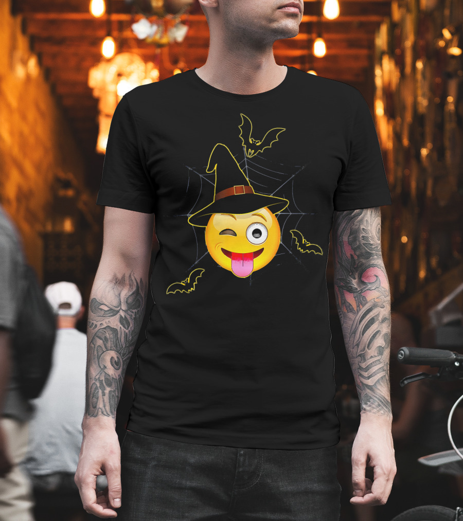 Funny Halloween Witch Emoji Winking Face With Bats And Spider Web T-Shirt