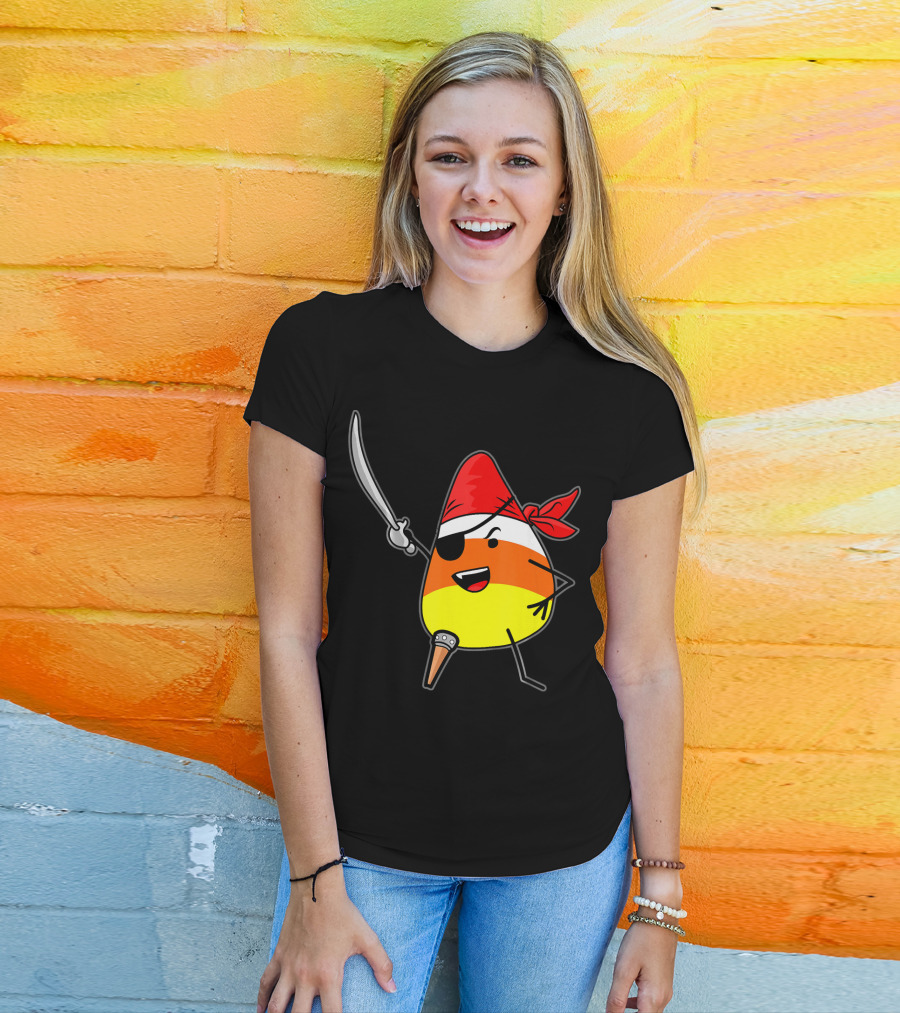 Candy Corn Pirate With Jolly Roger Sword Halloween T-Shirt