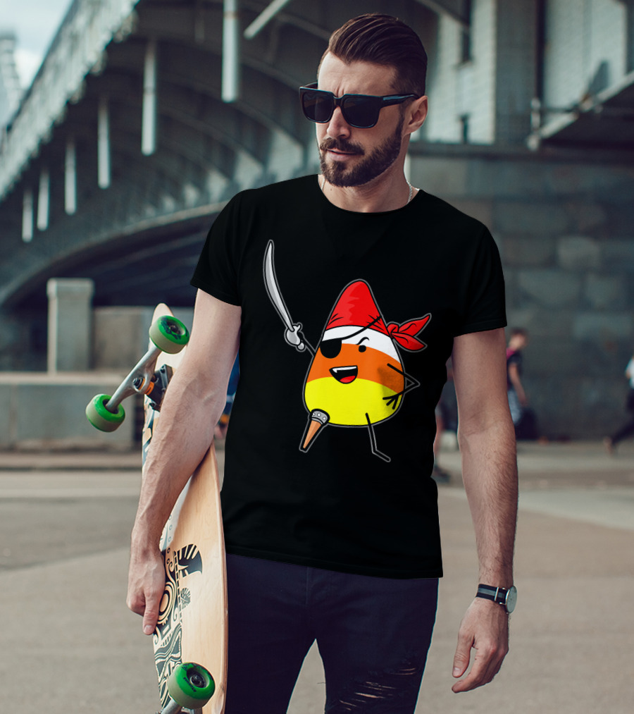 Candy Corn Pirate With Jolly Roger Sword Halloween T-Shirt