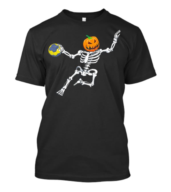 Skeleton Handball Player With Halloween Pumpkin Head T-Shirt