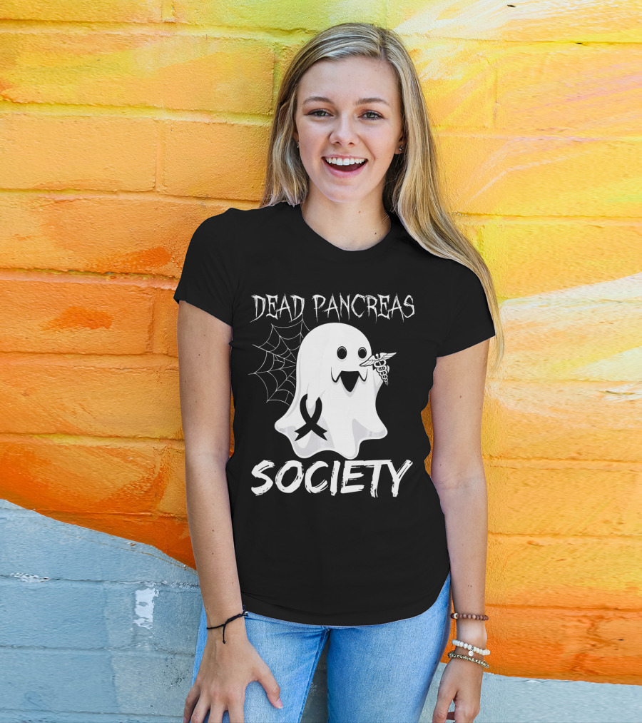 Dead Pancreas Society Ghost With Ribbon And Caduceus Diabetes Awareness T-Shirt