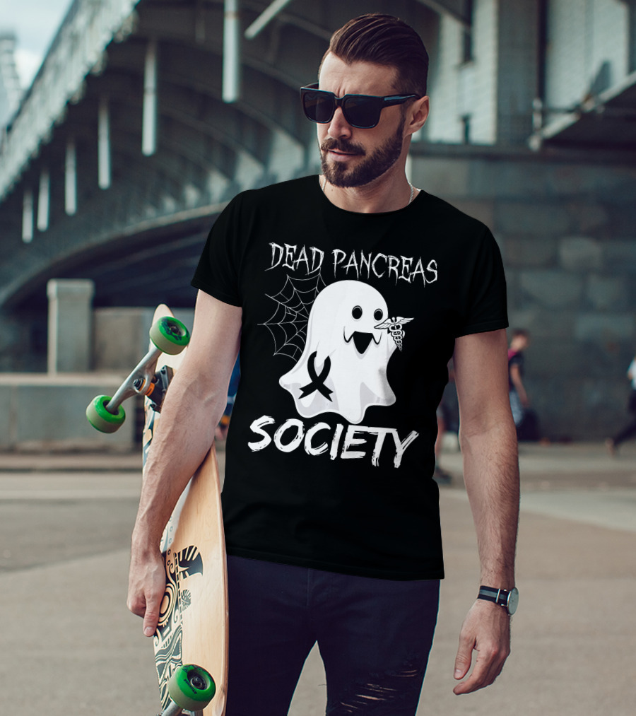 Dead Pancreas Society Ghost With Ribbon And Caduceus Diabetes Awareness T-Shirt