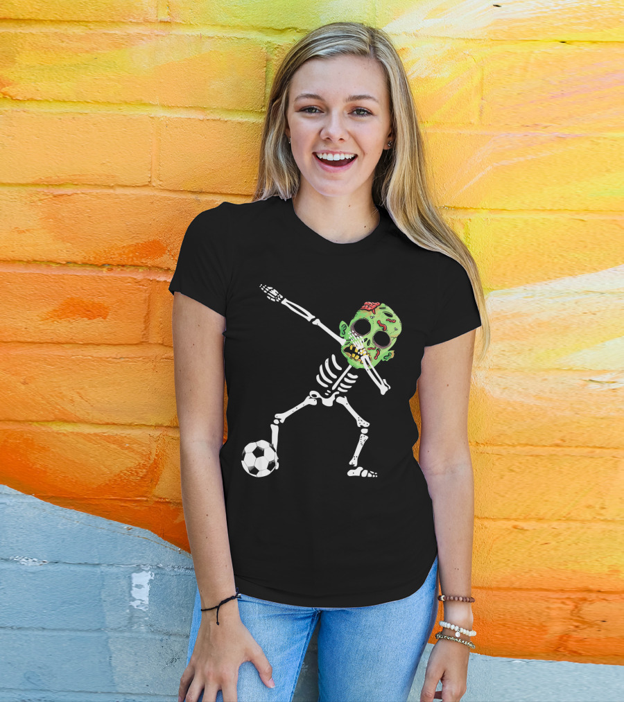 Dabbing Skeleton Soccer Zombie With Green Head T-Shirt