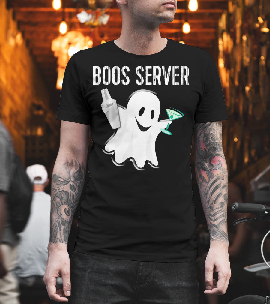 Boos Server Ghost Holding Cocktail Shaker And Martini T-Shirt