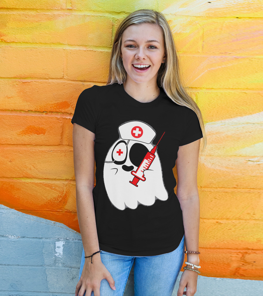 Funny Ghost Nurse Emoji With Syringe Nurse Hat T-Shirt