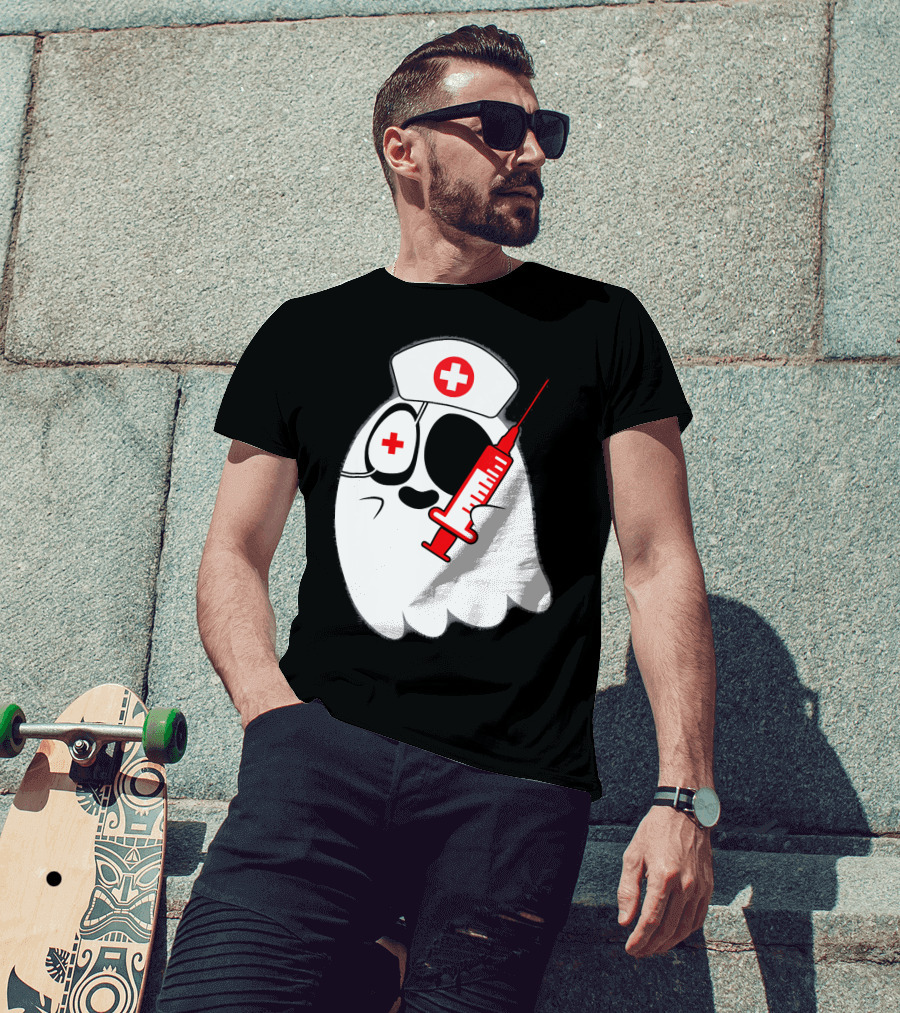Funny Ghost Nurse Emoji With Syringe Nurse Hat T-Shirt